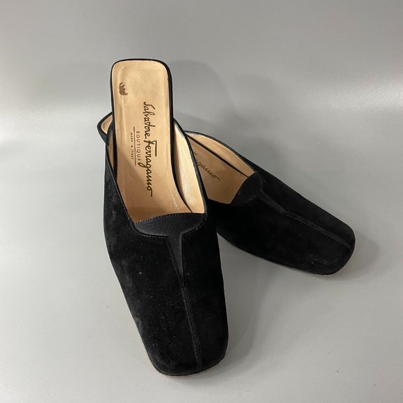 Salvatore Ferragamo Shoes - Salvatore Ferragamo Black Suede Mules/Slides, Size 8 AA
